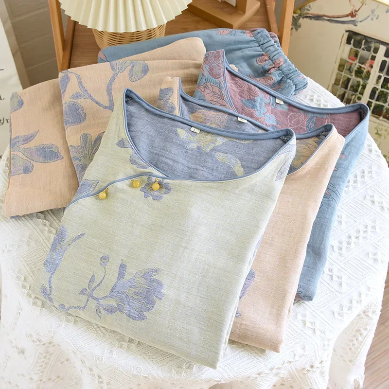 

Женские жаккардовые пижамы в китайском стиле с жемчужными пуговицами, женские весенние тонкие домашние костюмы с круглым вырезом, ночная рубашка, домашняя одежда