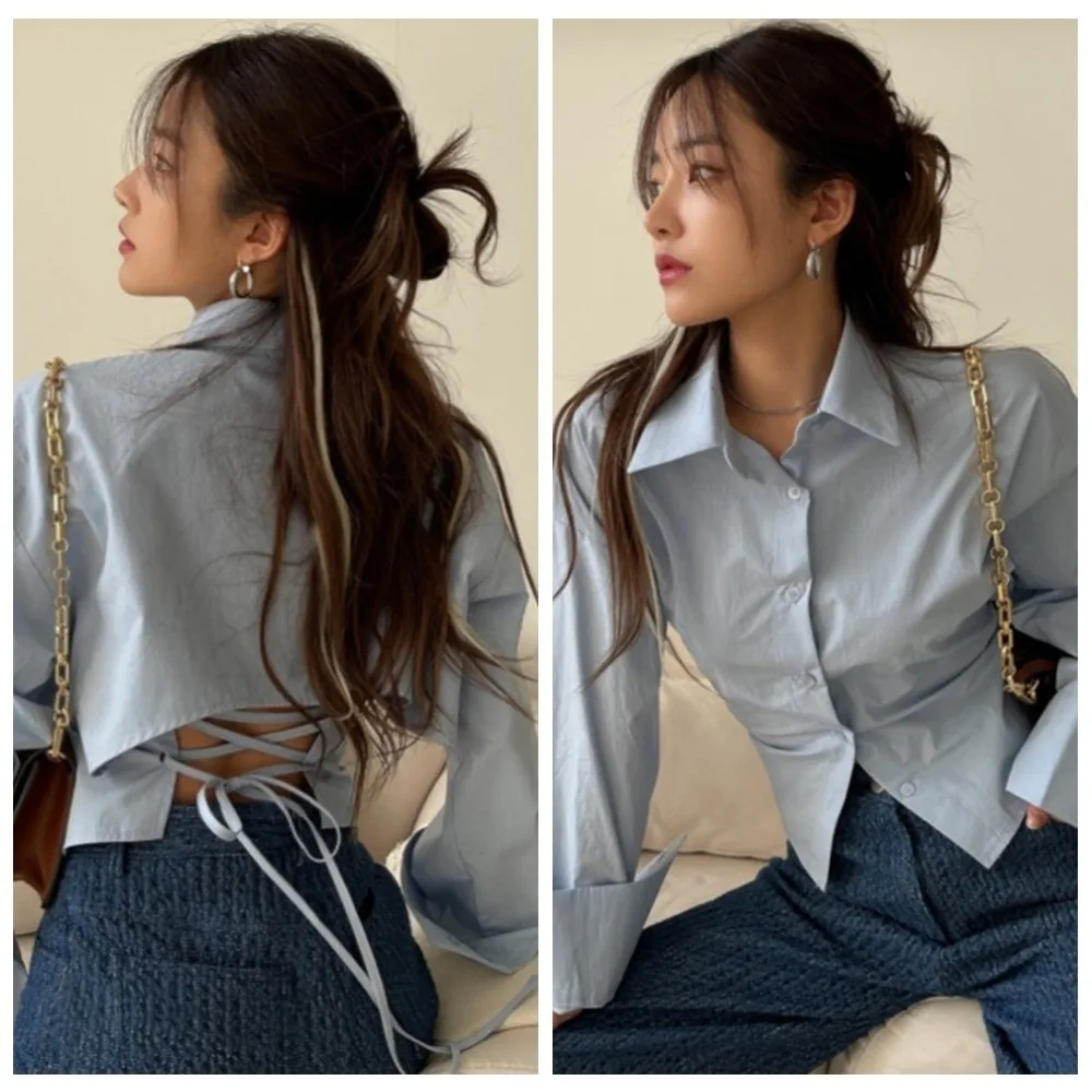 

Ins Fashion Short Women Belt Tied Blouse Shirt Back V-neck Long Sleeve Shirts Korean Y2K Style Blue Belt Tied Slim Shirts Lady