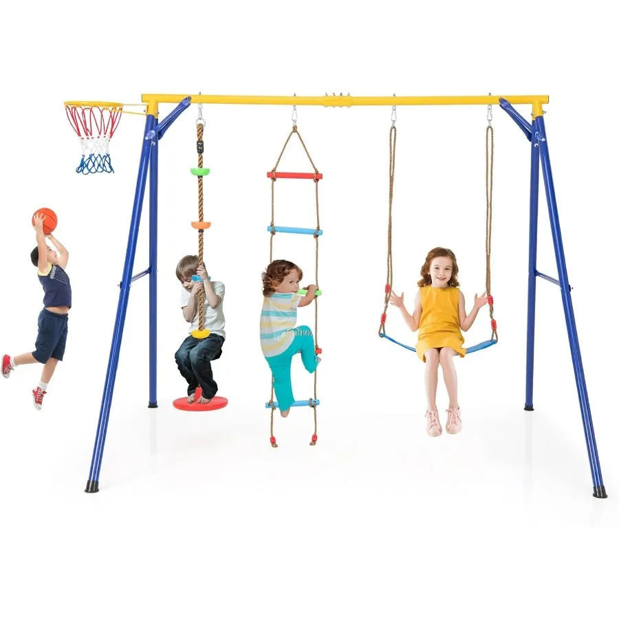 

660 lbs Heavy Duty Outdoor Playground Playset for Backyard with 4in1 Design Featuring Adjustable Swing Basketball Hoop Climbing