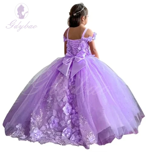 lavender Applique Flower Girl Dress Purple Tulle Puffy Shining For Wedding Kid Birthday Party Princess First Communion Ball Gown