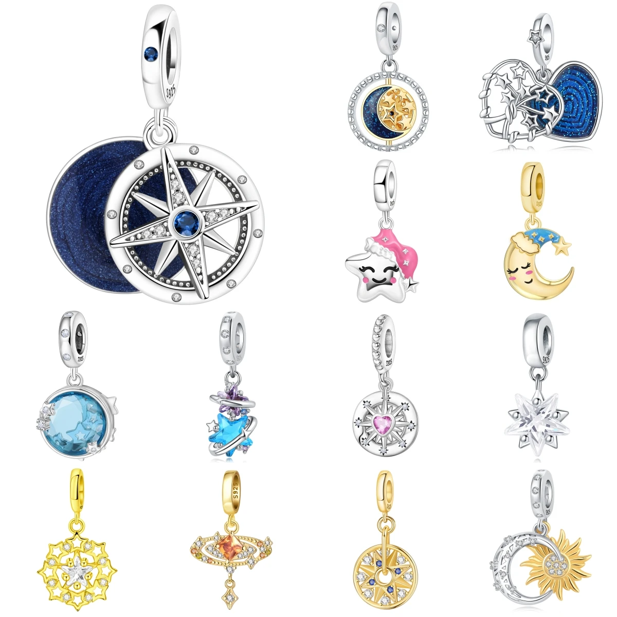 New 925 Sterling Silver Blue Star Compass Pendants Bracelet Charms Fit Jewelry Party Beads DIY Fine Gifts Accessory