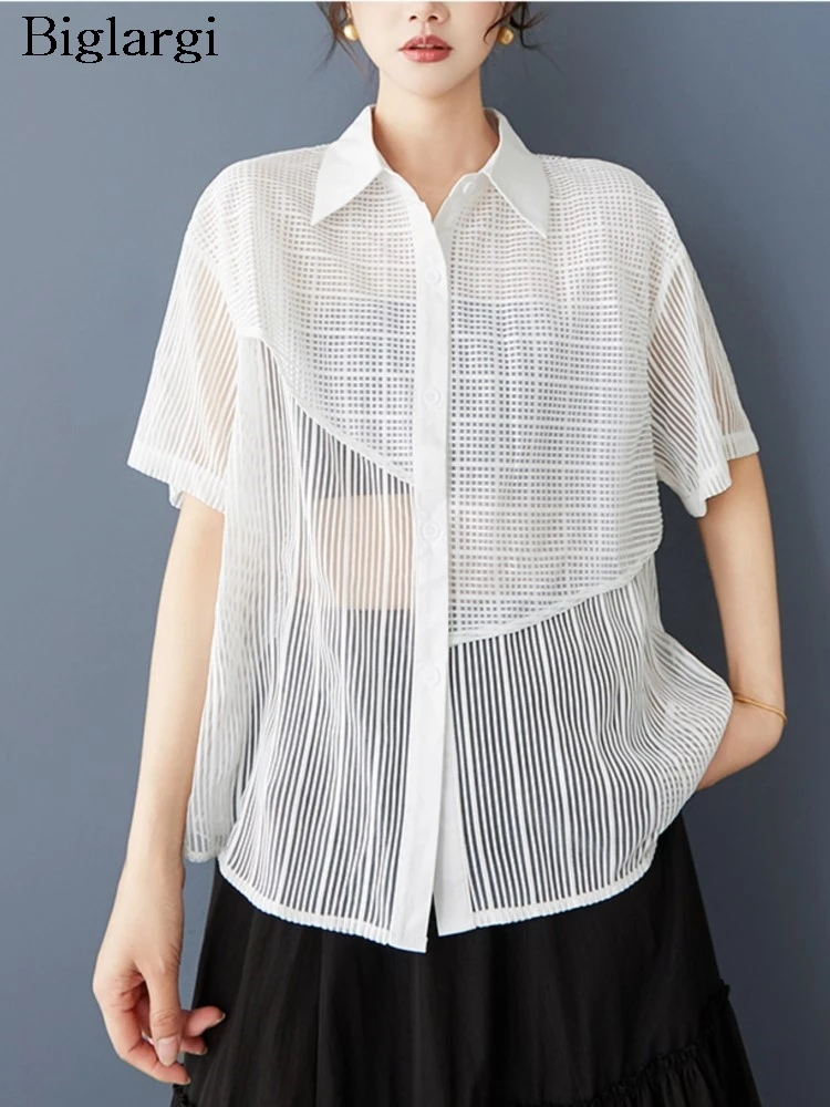 

Oversized Summer Striped Mesh Sheer Shirt Blouse Women Fashion Irregular Sexy Shirts Ladies Blouses Tops Casual Woman Shirt