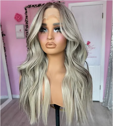 Ashy Grey Blonde Highlights Women Natural Wig 13x4 Lace Frontal Wigs Soft Synthetic Lace Wig Loose Wavy High Heat Fibre Cosplay