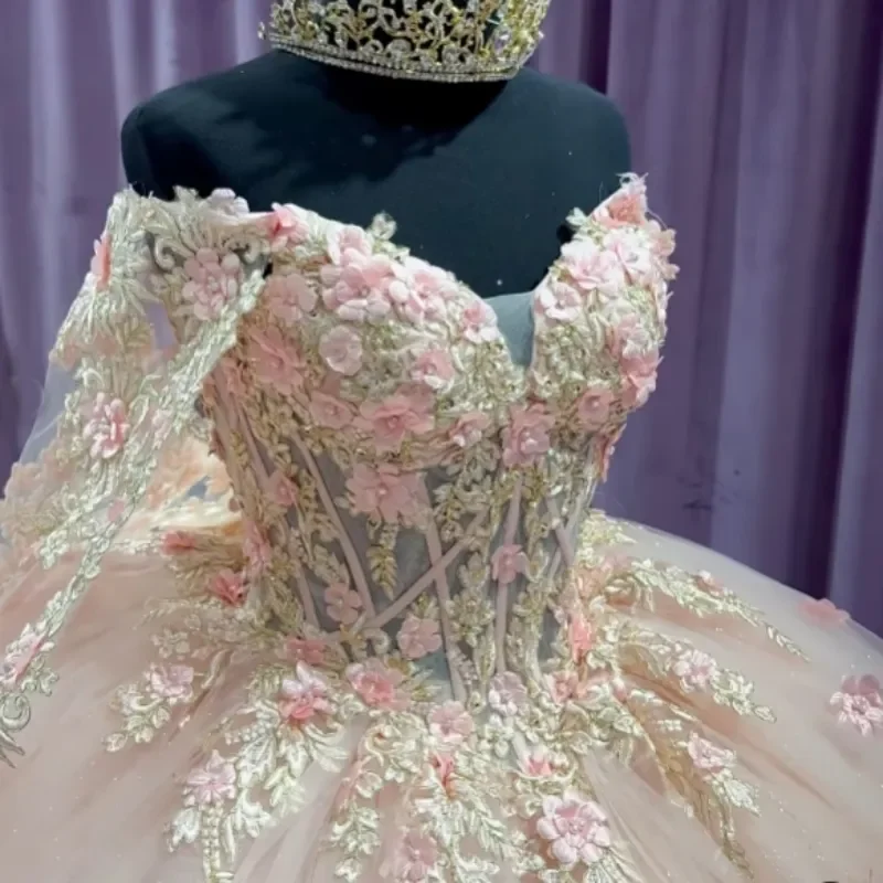 Vestido de quinceañera árabe de México para niña, vestido de baile rosa para niña de 16 años, con cuentas, flores 3D, vestido de fiesta de graduación con capa, vestidos de fiesta de cumpleaños