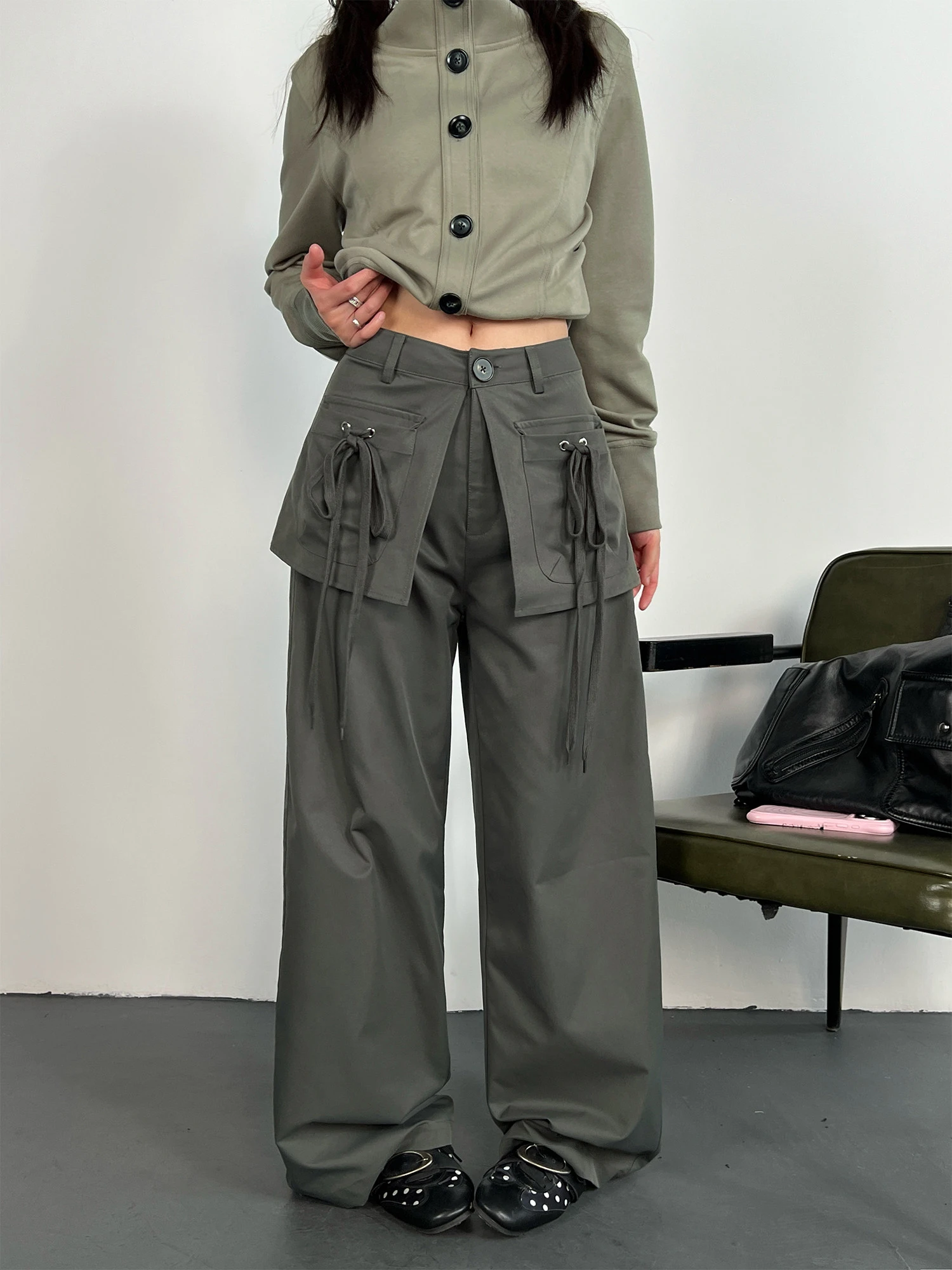 2026 New Women Cargo Pants High Waist Wide Leg Baggy Trousers Drawstring Flap Pocket Army Green Y2K Streetwear Techwear
