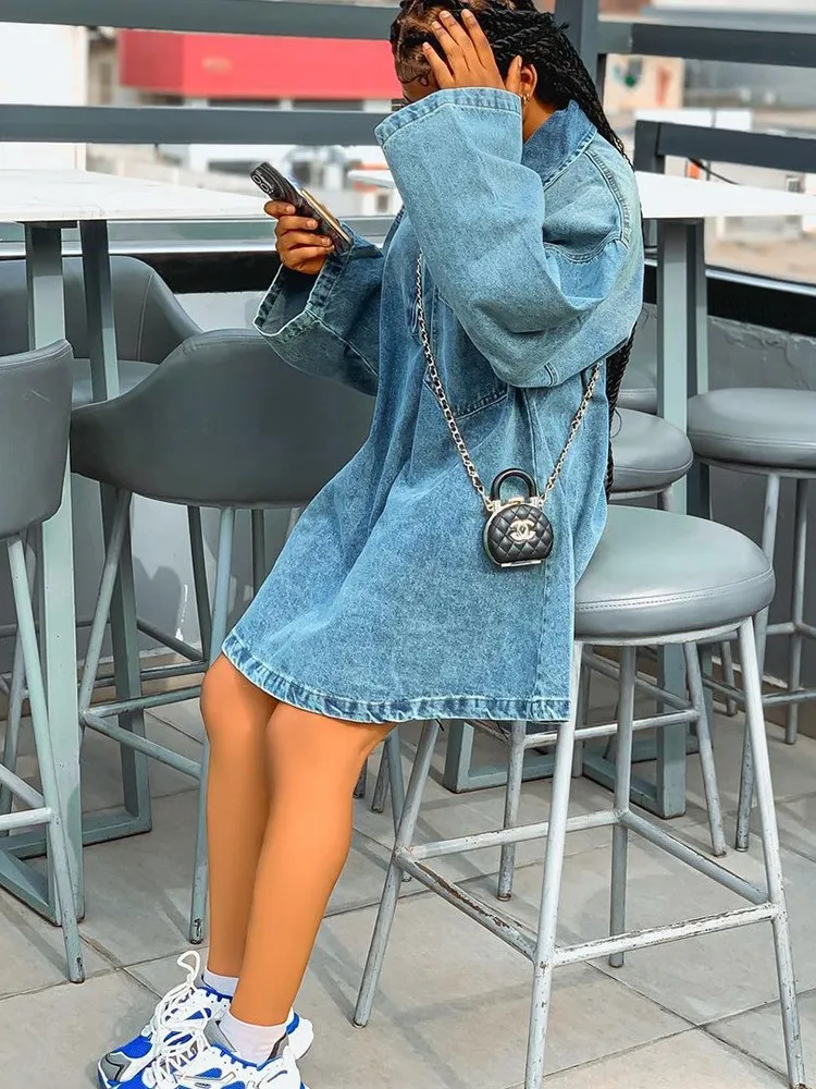 Women\'s Denim Dress 2024 Spring Summer Fashion Turn Down Collar Long Sleeve Loose Straight Dress Streetwear Casual Cute Clothes