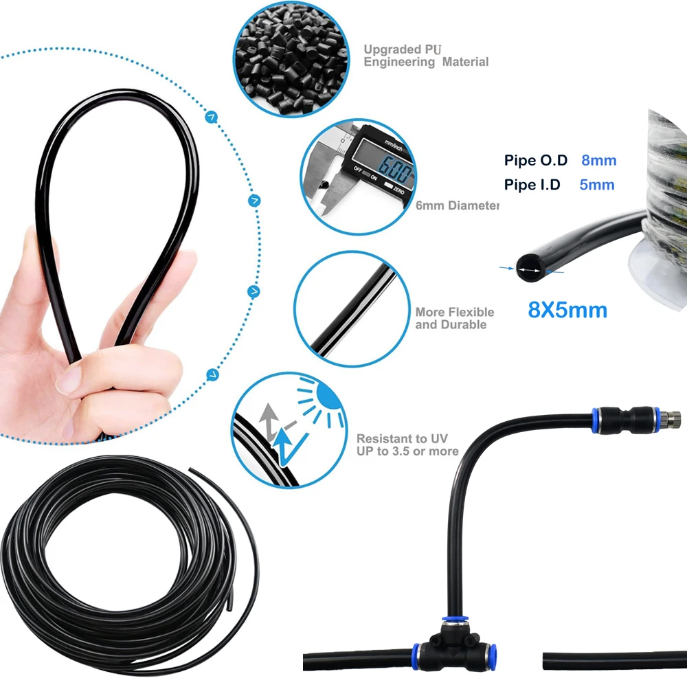 8MM Flexible Pipe Misting Kit for 5-20M Garden Greenhouse Irrigation System