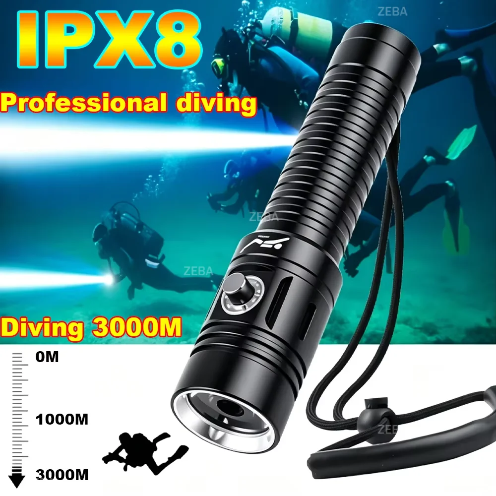 2026New Dive Flashlight IPX8 Waterproof Rechargeable LED Flashlight 18650 Underwater 3000M Torch Diving Lamp Scuba Divie Lantern