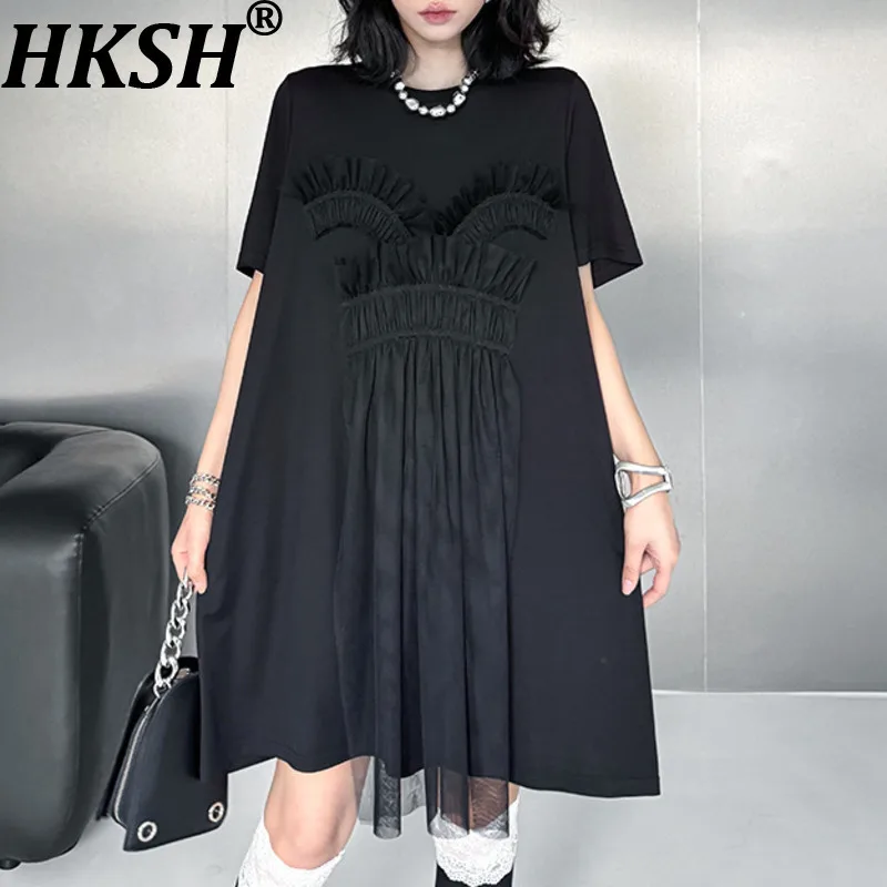 HKSH Herfst Nieuwe Vrouwen Niche Ontwerp Tij Donkere Streetwear Mode Mesh Patchwork Jurk Trend Losse Halflange T-shirt Jurk HK8266