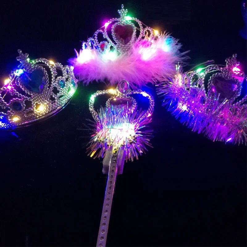 Girls Princess Kids Children Luminous LED Light Up Feather Magic Sticks Wands Crown Headband Cosplay Birthday Wedding Party Gift