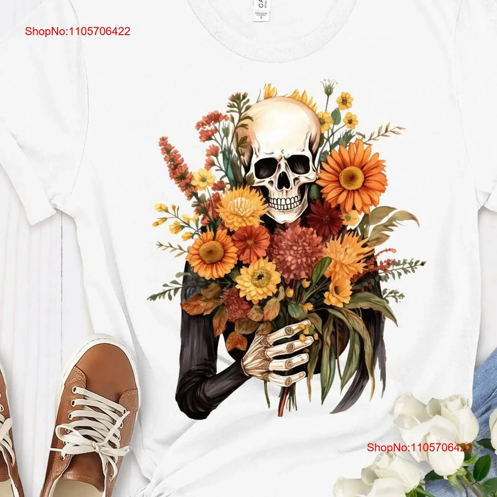 Boho Skeleton Bouquet Of Flowers Skull T Shirt Vintage Unique Bohemian Chic Hippie Ethereal Grunge Festival Top vintage Washed