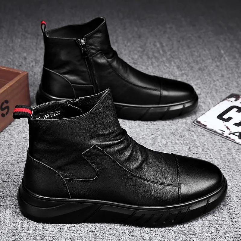 2025 New Men's Chunky Sole Boots Waterproof Platform Work Shoes British Style Breathable Comfortable Height Increasing Leather