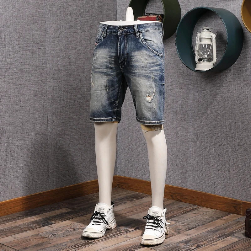 

High Quality Summer Old Scratch Washed Vintage Casual Stretch Denim Shorts for Men Slim Fit Straight Half Jeans Y2k Youth Male