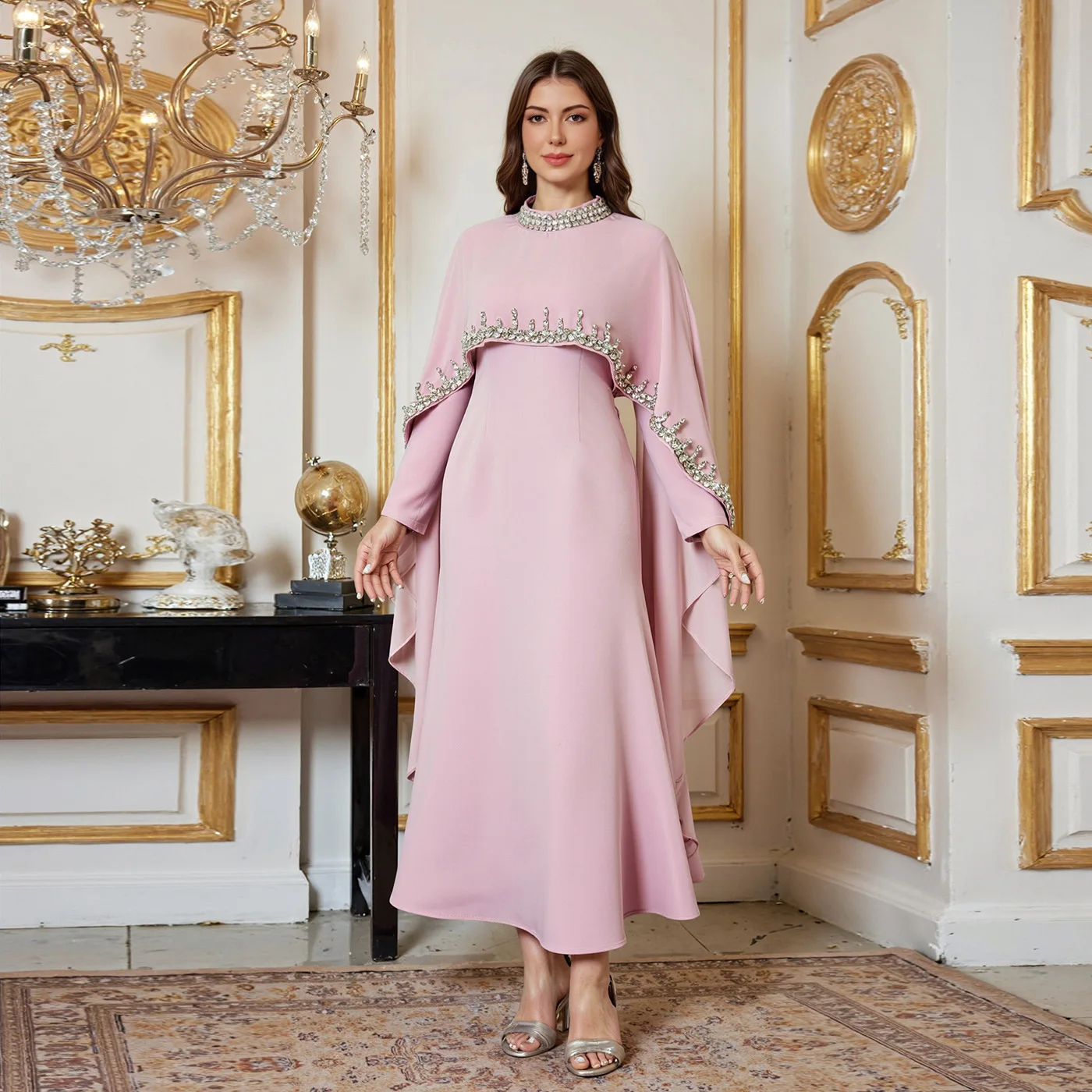 Américain européenne nouvelle mode femmes musulmanes rose couleur unie décontracté à la mode élégant à manches longues châle robe de cérémonie femme
