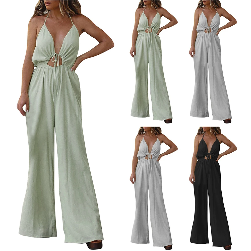 Women'S Flared Jumpsuits Fashion Design Sexy Halterneck Tie Backless Deep V Loose Wide Leg Jumpsuits Summer Solid Comfy Rompers