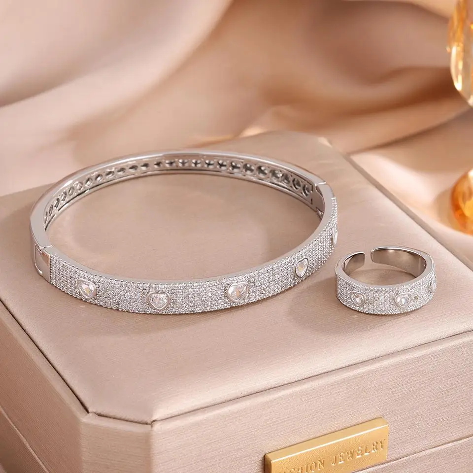 ZAKOL New Nickel Free Micro Paved Heart Cubic Zirconia Bracelet Ring Set For Women Luxury Bridal Wedding Party Jewelry Gift