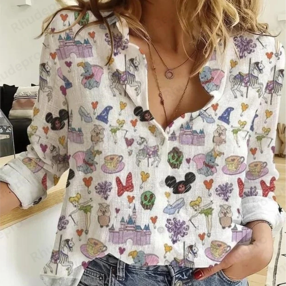2025 Disneyฮาวายผู้หญิงเสื้อฤดูร้อนMinnie Mickeyแขนยาวเสื้อ 3Dพิมพ์แฟชั่นสบายๆY2Kผู้หญิงเสื้อยืด