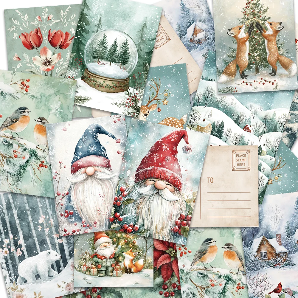32 Uds. Postales de zorro y copo de nieve de Navidad del bosque, decoración barata para dormitorio, cartulina gruesa, impresión de alta definición, colección de regalos