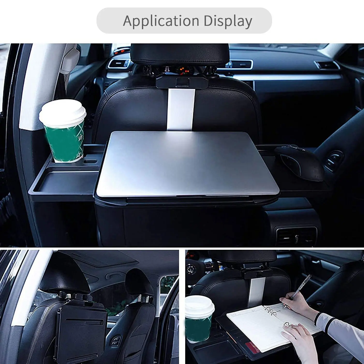 Car Retractable Laptop Desk Stable Hanging Tray Folding Board with Phone Holder for Dinner Study Work Universal Gray