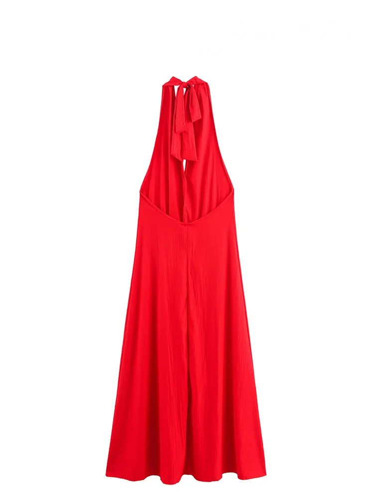 HH Woman Hanging Neck Collar Solid Dresses Women Summer Midi Dress Fashion Pleated Sleeveless Bow Decorate Backless Dress