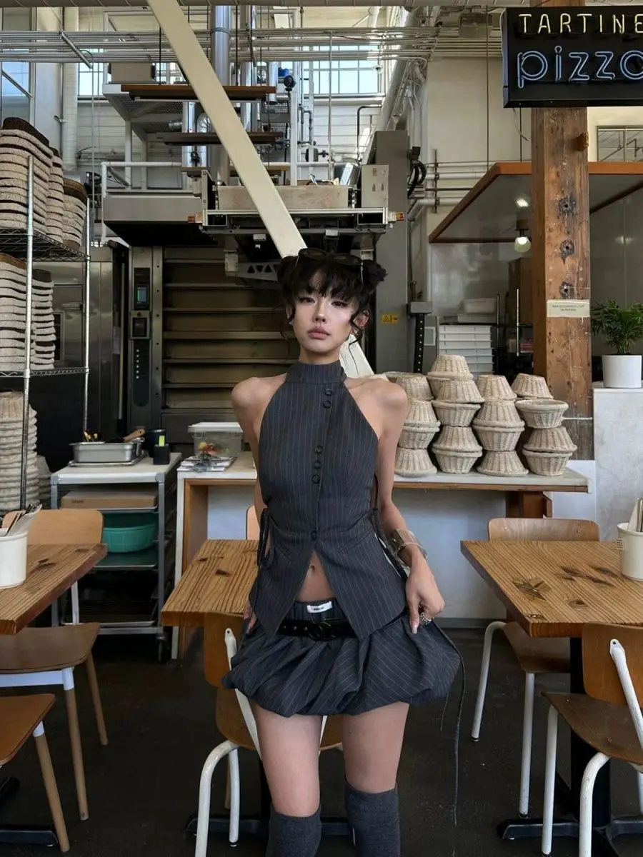 Niche Design Summer 2Pcs Skirt Set, Sleeveless Striped Blouse, High Waist Bud Mini Skirt, Slim Fit Hot Girl Style