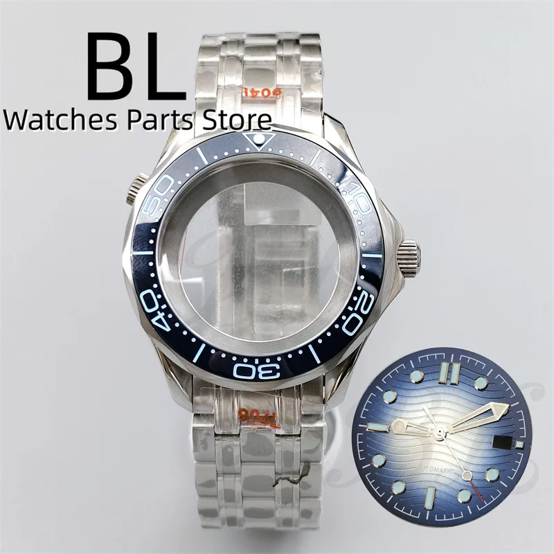 BLIGER 41mm Watch Case Dial Hands Set Stainless Steel Strap Transparent Back Blue Ceramic Bezel With Blue Mumbers for NH35 MoveT