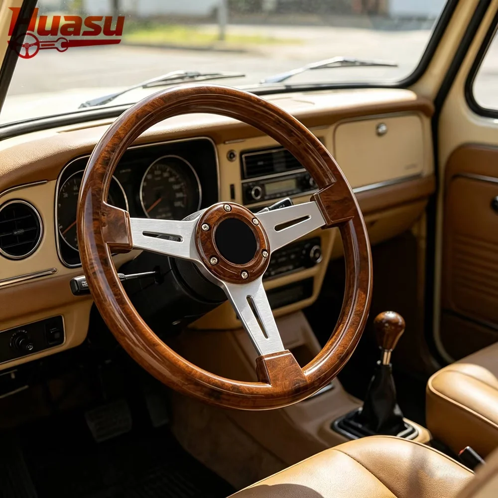 Classic Wood Grain Car Sports Steering Wheel 14inch 350mm Flat Aluminum Silver/Black Spoke Universal