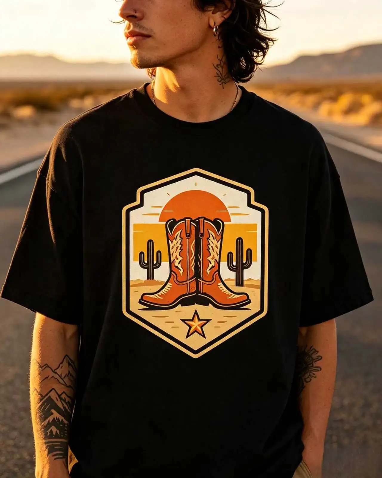 Unisex Western Cowboy Boots Desert Cactus Sunset Graphic T‑Shirt Men Women Retro Country Style Oversized Loose Cotton Tee