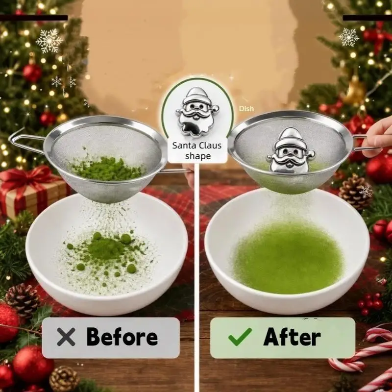 【L】Santa Claus Reindeer Flower Shape Stainless Steel Matcha Sifter Rolling Beads Safe Material Stainless Steel Sieve Smooth Edge