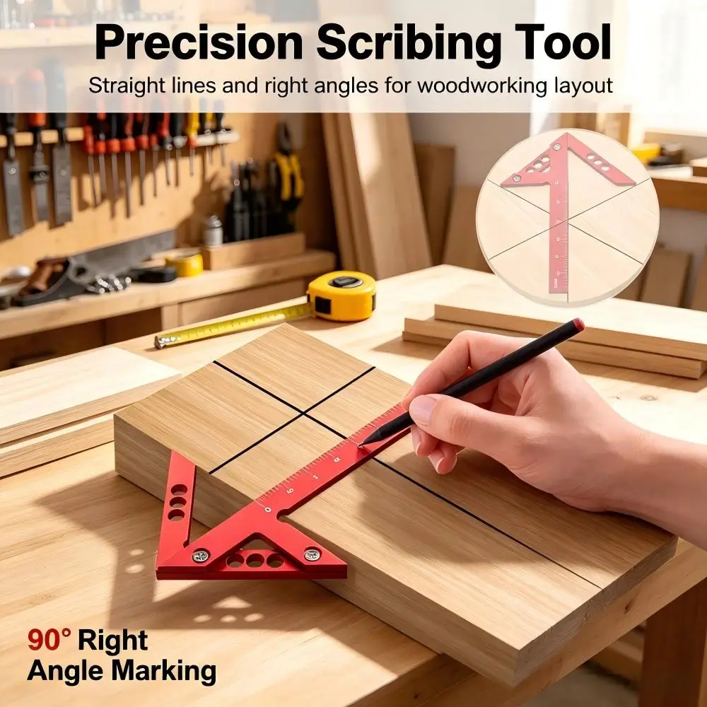 Woodworking Center Finder Triangle Ruler, Aluminum Alloy 45/90 Degree Metric & Inch Scale Layout Scribing Gauge for Carpenter