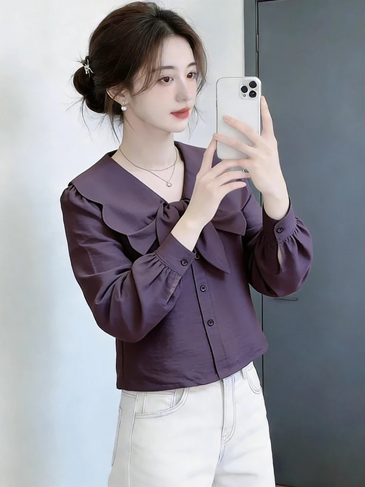 

Ele V-Ne Long Sve irt Women's Knot Spring New Sle Small Size Super Beautiful Top Casual Loose Fit