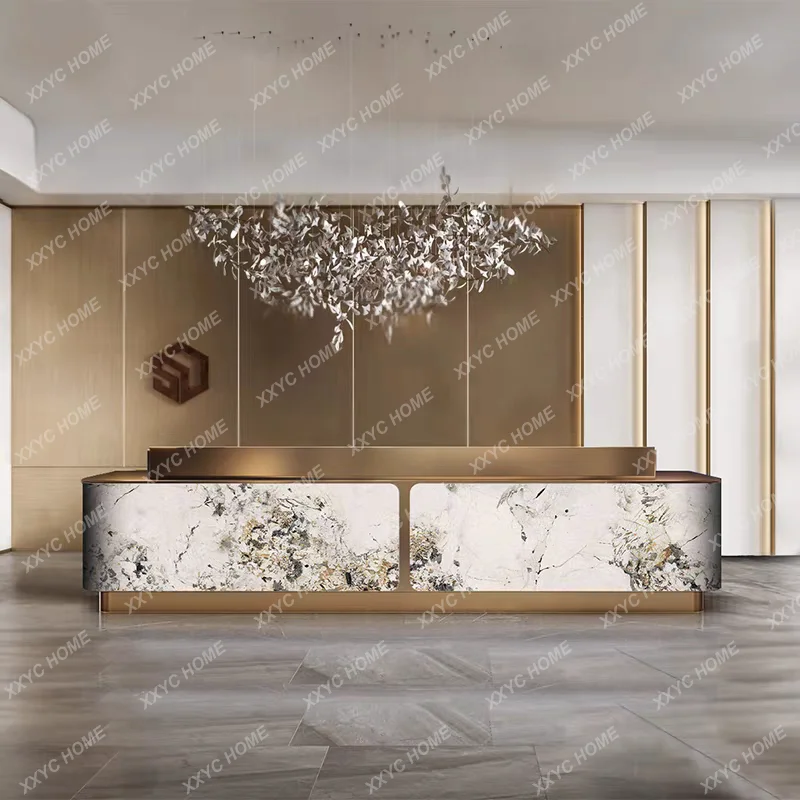 Embroidery Steel Hotel Reception Desk Fine Dining Sales Counter Imitation Marble Company checkout page