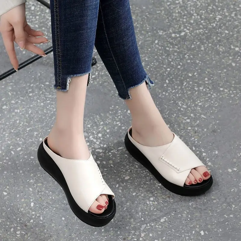 Women Fish Mouth Slippers Summer New Office Open Toe Wedge Heel Soft Leather Thick Sole Casual Women Outdoor Beach Slippers