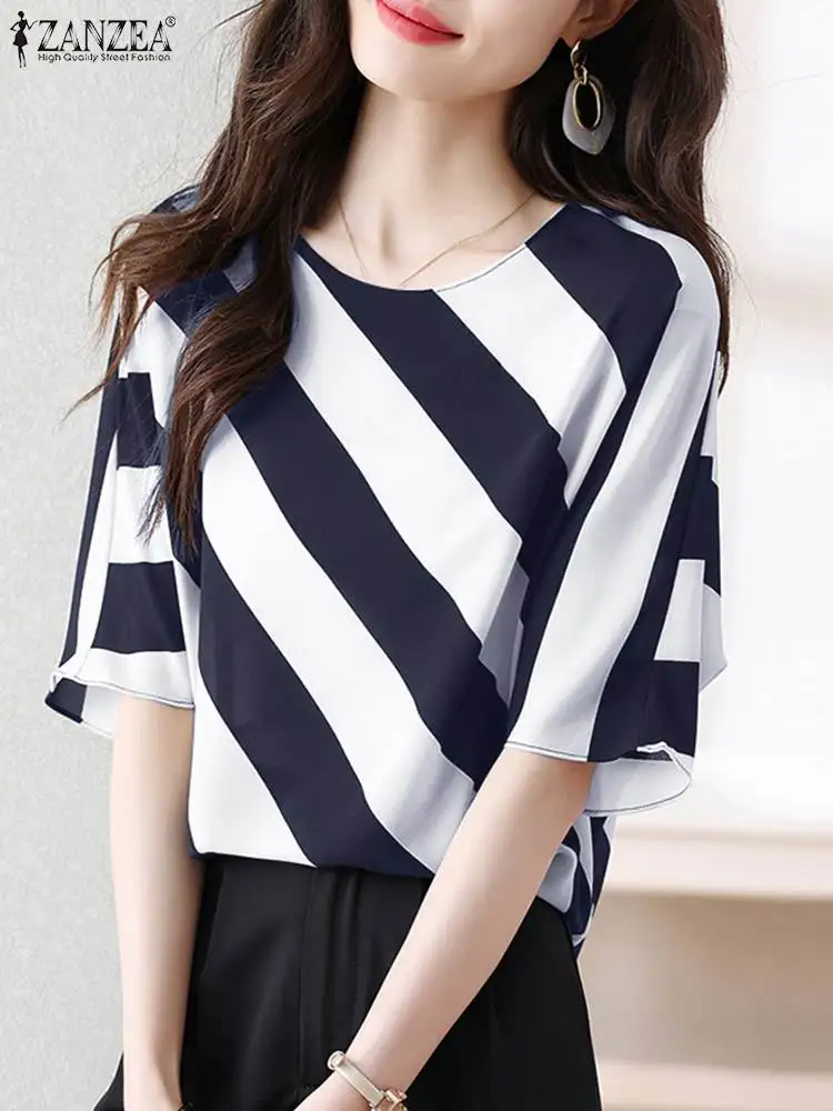 ZANZEA Korean Fashion Half Sleeve Blouses Women Elegant O Neck Striped Blusas 2024 Summer Casual Loose Tunic Tops Commute Shirts