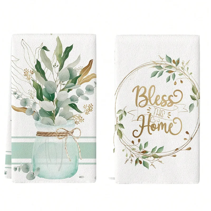 2 pièces, serviettes de cuisine en feuilles d'eucalyptus « Blessed Home », ensemble de serviettes 40 cm x 60 cm, chiffon de nettoyage super absorbant et doux, torchon de cuisine et de pâtisserie, serviette pour les mains, chiffon de nettoyage, torchon à vaisselle, décoration de cuisine, décoration de salon, essentiels de cuisine, essentiels pour la maison