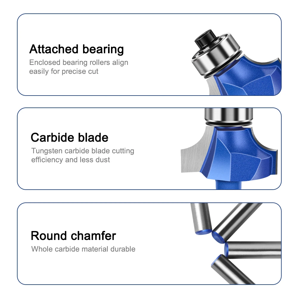 1/4 Inch Shank 6mm Shank Blue Roundover Router Bit Set Carbide Wood Router Bits for Woodworking