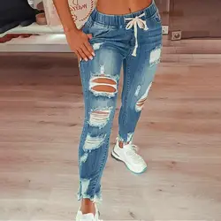 Pantalones vaqueros elásticos rasgados para mujer, vaqueros rectos de cintura alta, informales que combinan con todo, ropa de calle, 2024