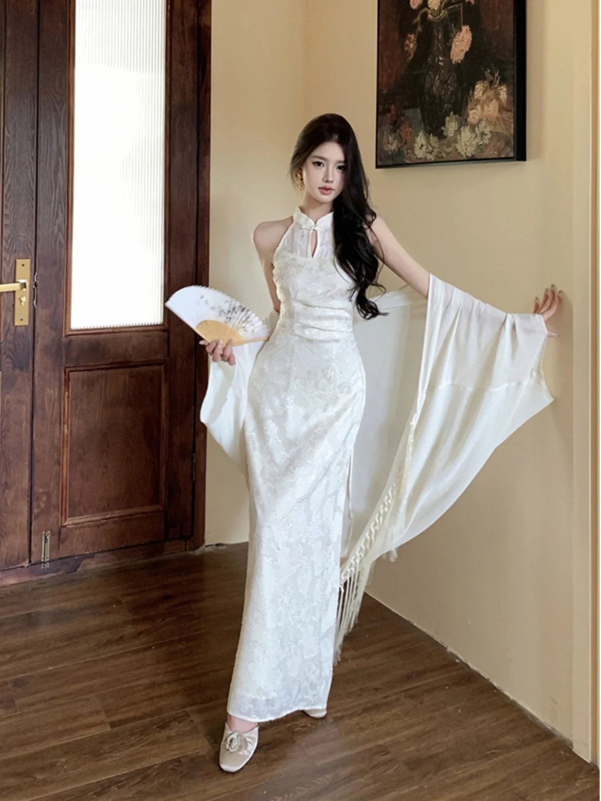 Ele New Chinese Sle Svel Ne Hanging Qipao Dr Women's Summer Slimming Floral Embroidery Beautiful Waist api...