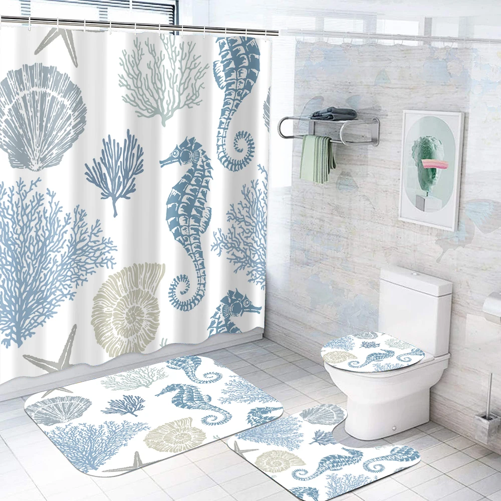1 set of light blue shell seahorse printed shower curtains, summer ocean style, with 12 hooks and bathroom floor mats