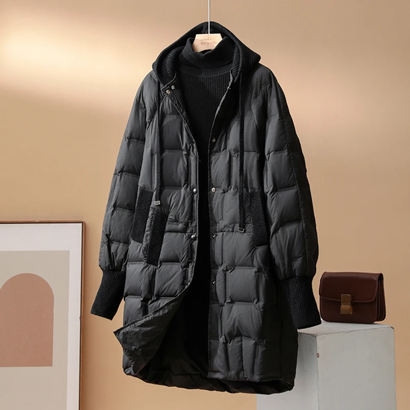 Winter Hooded Solid Mid Length Down Jacket Female Single Breasted Warm Outwears Coat Women White Duck Down Parker Down Jackets