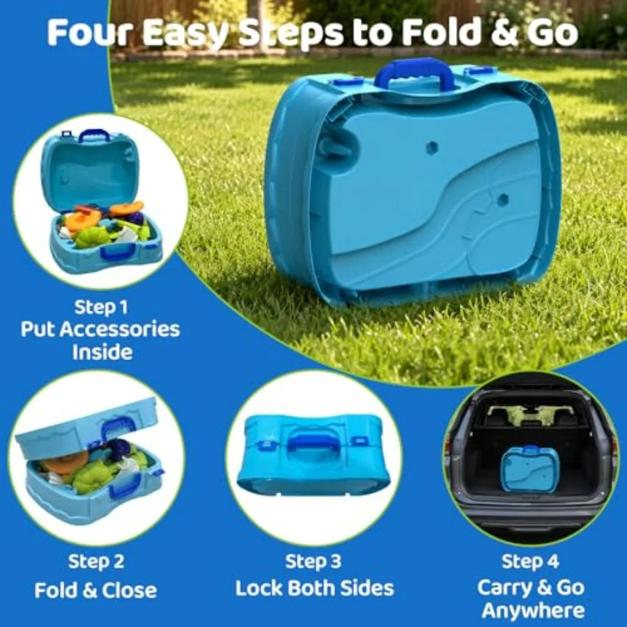 Outdoor water table for toddlers: foldable double-sided sensory playset in blue, made of BPA-free plastic, includes 23 water to