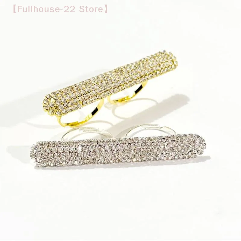 【MAX-22】Lady Long Bar Ring Two Fingers Handmade Hand Accessories Bling Geometric Dubai Rhinestone Open Rings For Women Party view 3