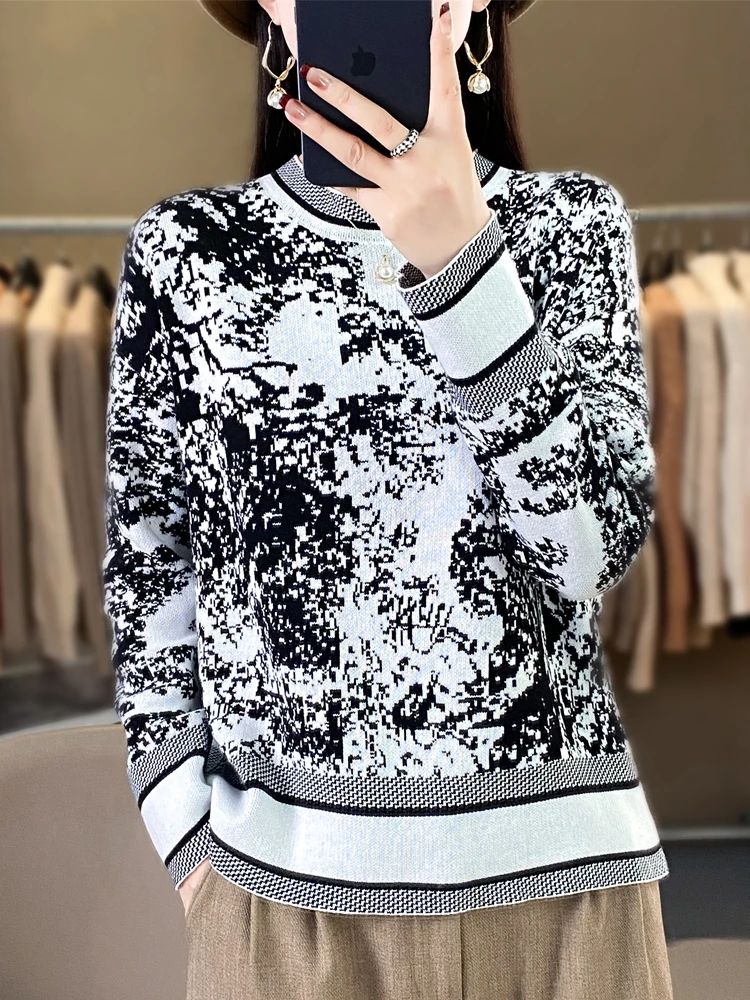 100% Cotton Ink Painting Sweater Sweater Bottom Crew-Neck Popular Chinese Style Autumn And Winter Net Red SMY shui mo