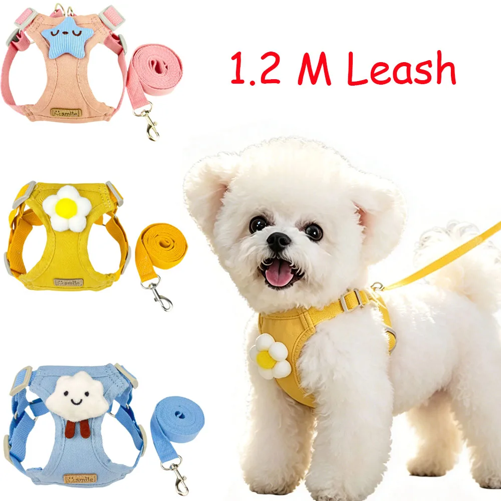 1 PCS Small Dog Harness and Leash Set, Cute Flower Cloud Star Ornaments, Breathable Pet Vest Harness, 1.2M Leash