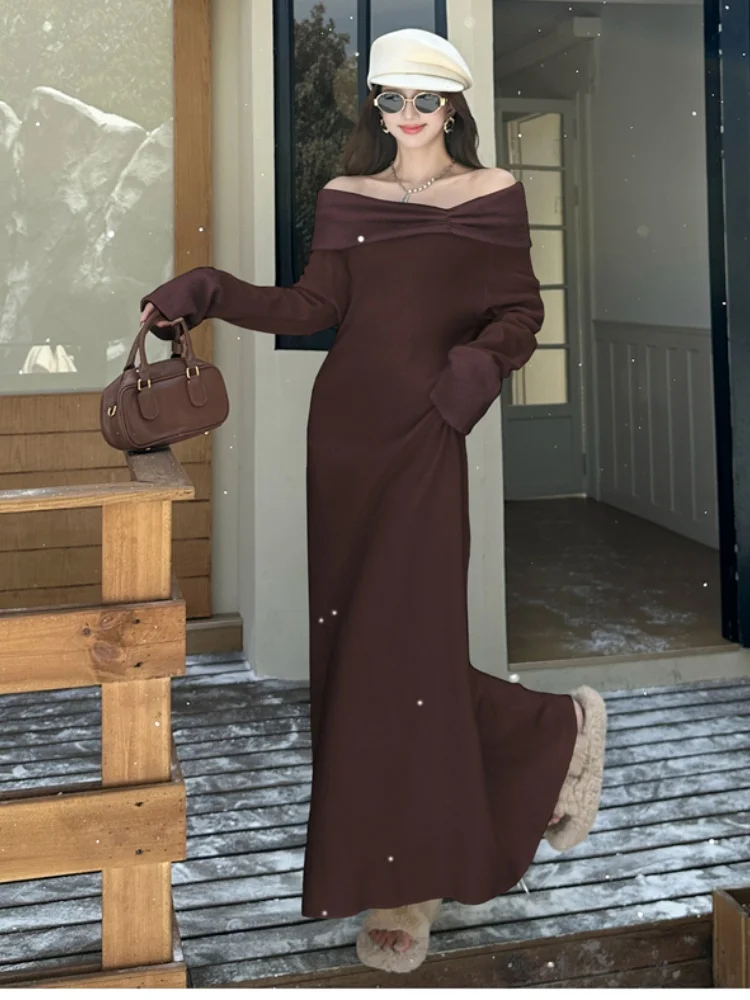 SMTHMA Sexy Slash Neck Super Style Sweater Knitted Dress Women's New Autumn Winter Elegant  Slim Soft Long Dresses Vestidos