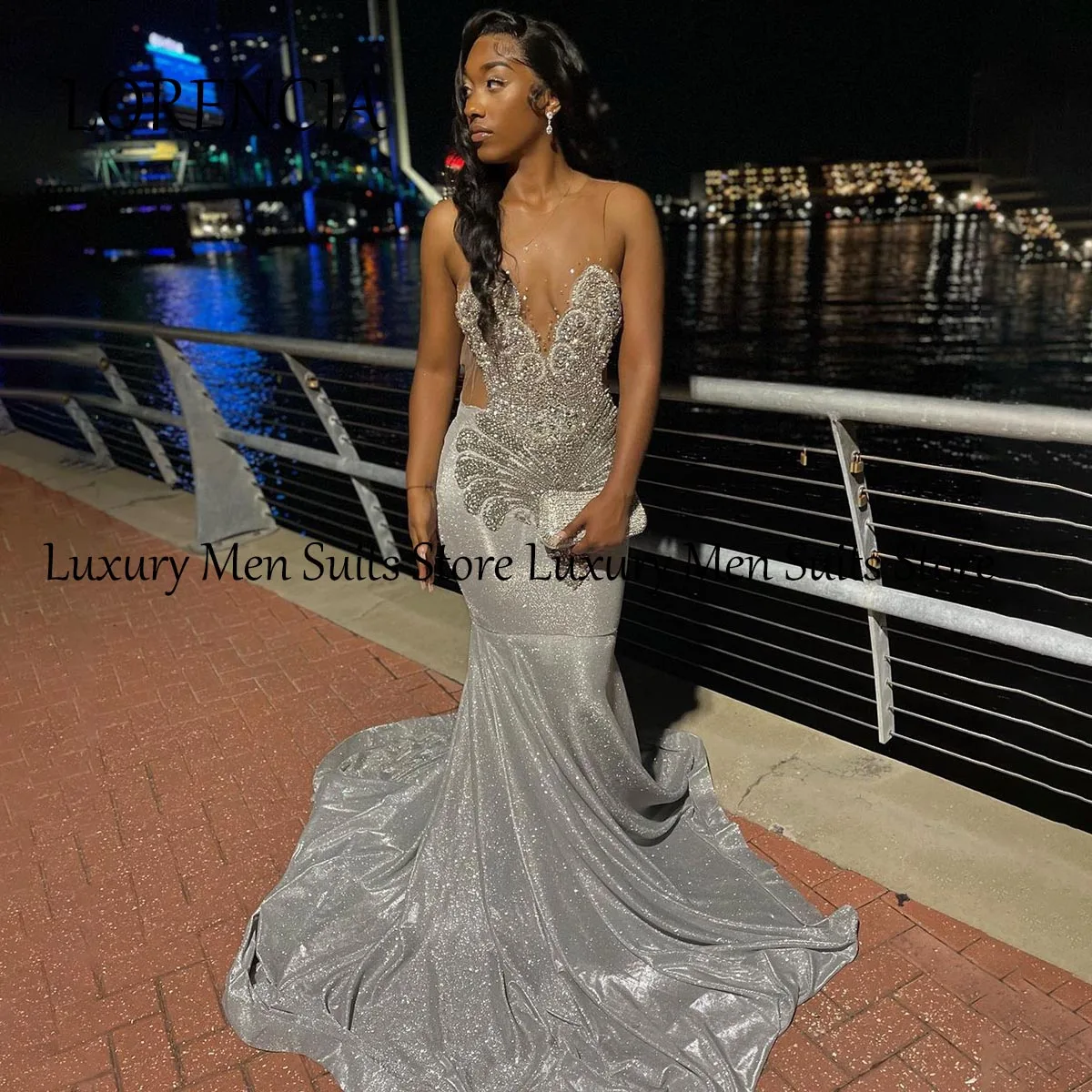 Exquisite Long Mermaid Prom Dress Sparkly Beads Crystal Rhinestones Sheer Mesh Luxury Birthay Party Gown For Wedding Event