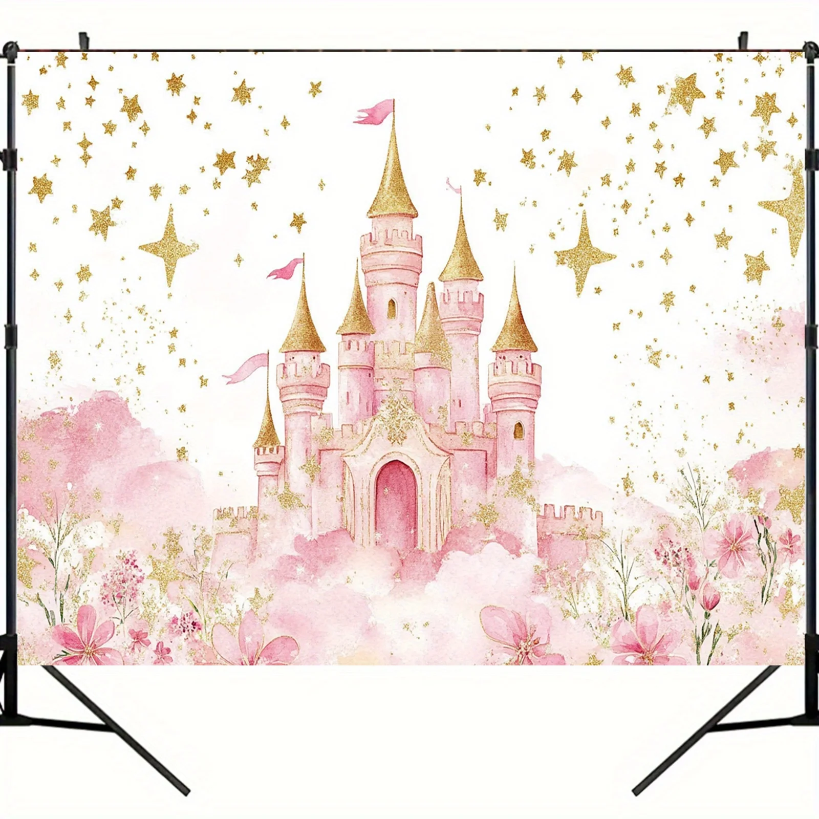 1 floraler Prinzessinnenschloss-Hintergrund, Party-Banner aus Polyester, geeignet für Geburtstagsfeier, Jubiläum, Einweihungsparty
