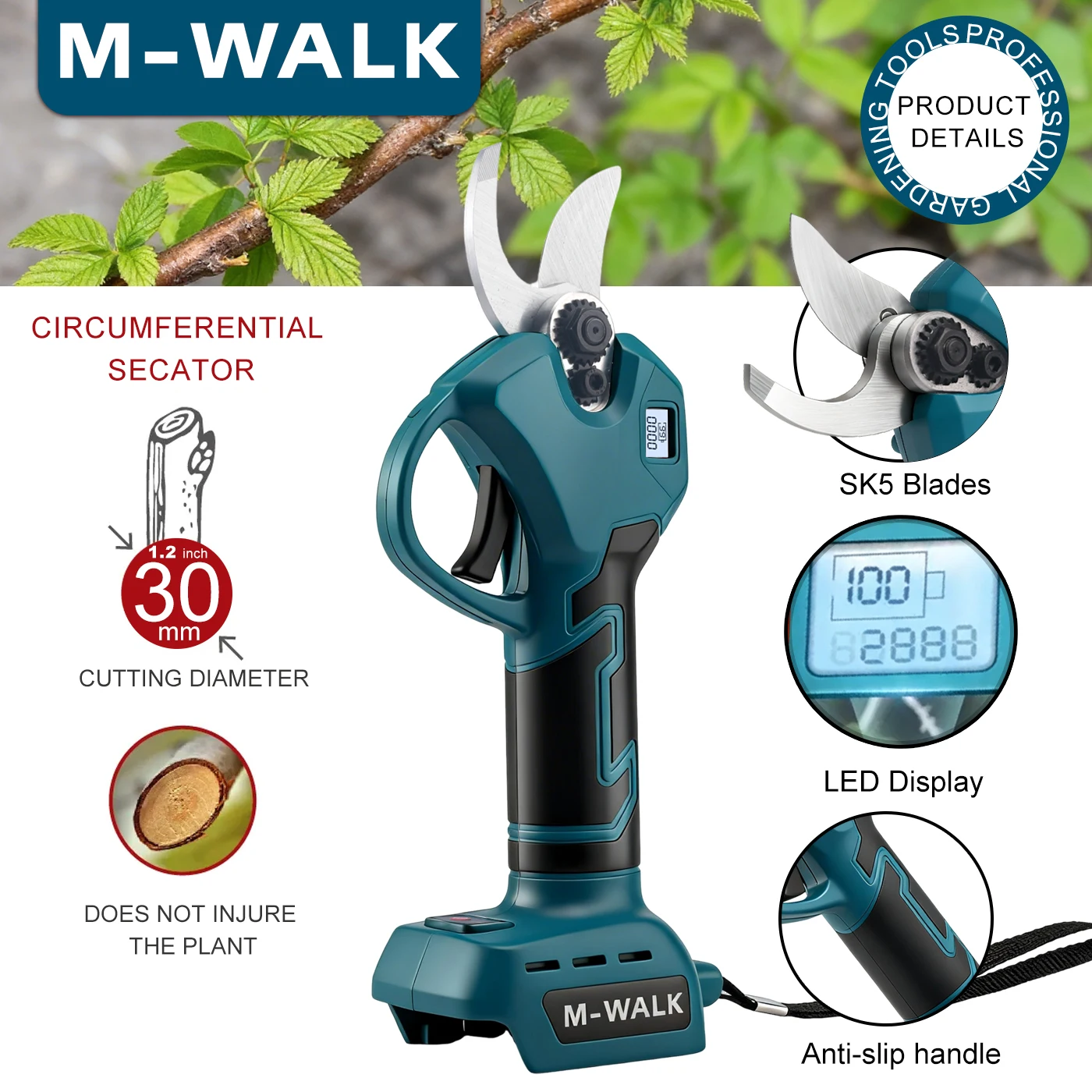 M-WALK 30mm Electric Pruning Shears Brushless Cordless Pruner Shear Garden Tree Branches Cutter For Makita 18V Battery pins - view 4