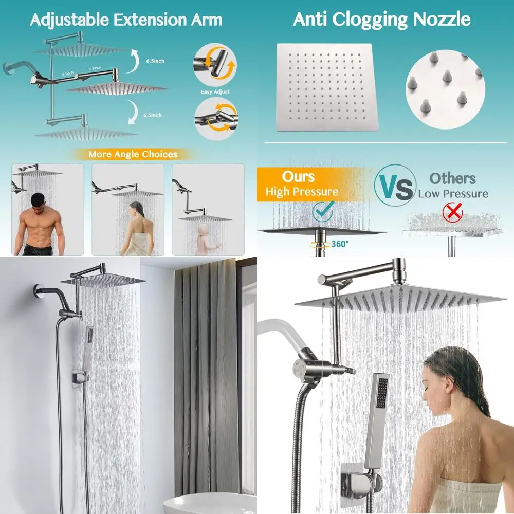 

10-функциональная металлическая душевая лейка с ручным душем, 4-режимным переключателем, душевой штангой из нержавеющей стали, регулируемым кронштейном, длинным шлангом 71 дюйм - матовый никель