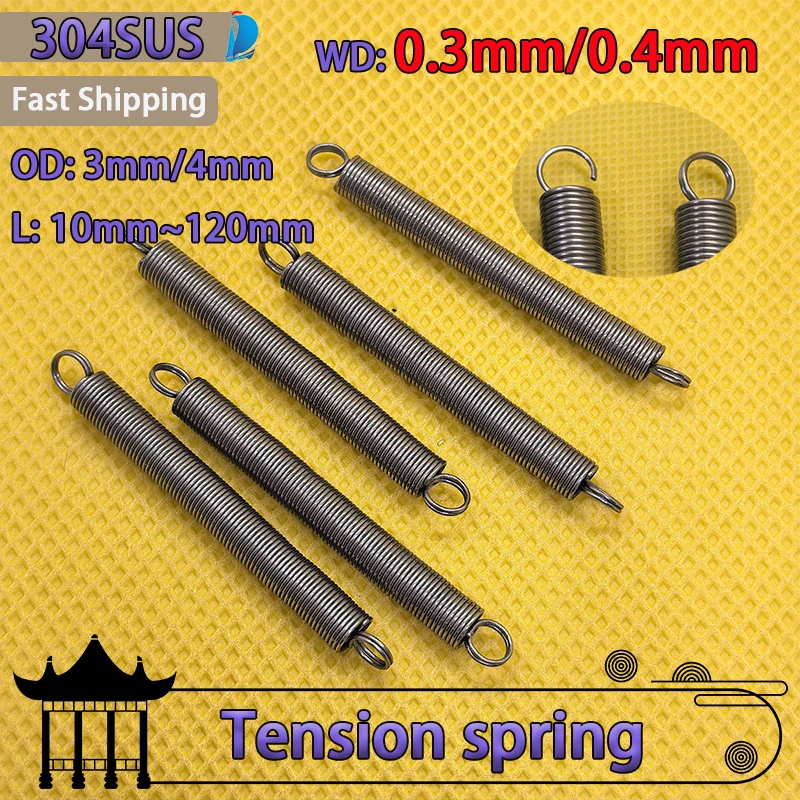 Wire Diameter 0.3mm 0.4mm 304 Stainless Steel Tension Spring S Hook Double Loop Hook Pullback Spring